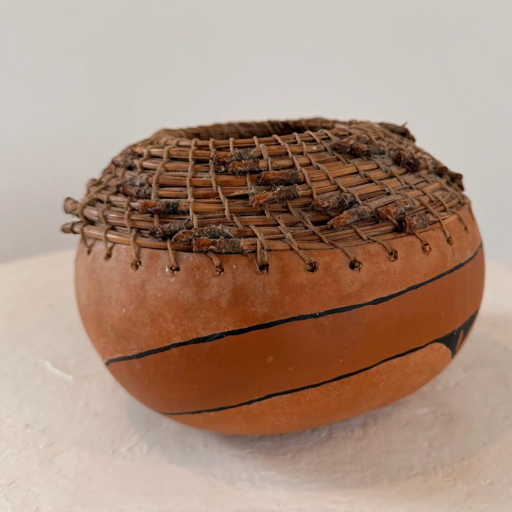 VINTAGE 1988‎ HAND-DECORATED SOUTHWESTERN GOURD BASKET WOVEN RIM ANAMORPHIC BIRD